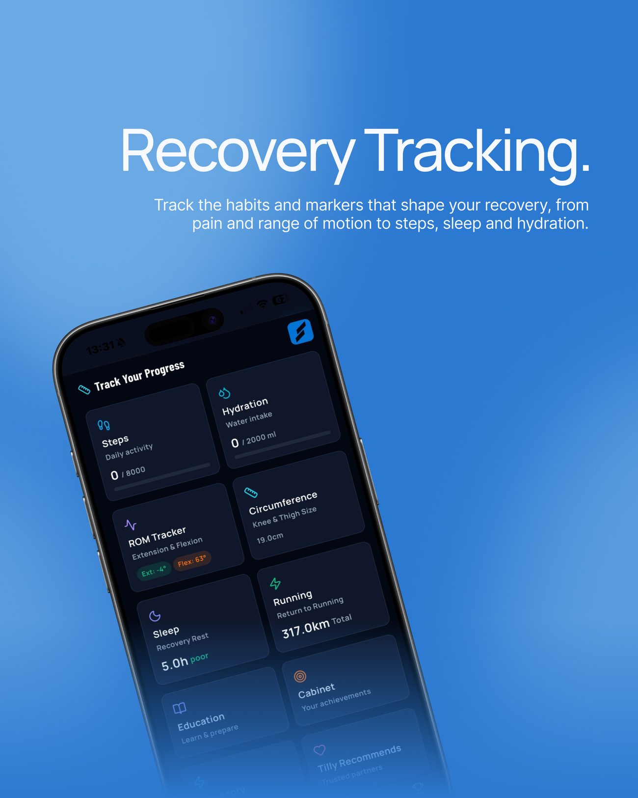 Recovery Tracking: track pain, range of motion, steps, sleep and hydration